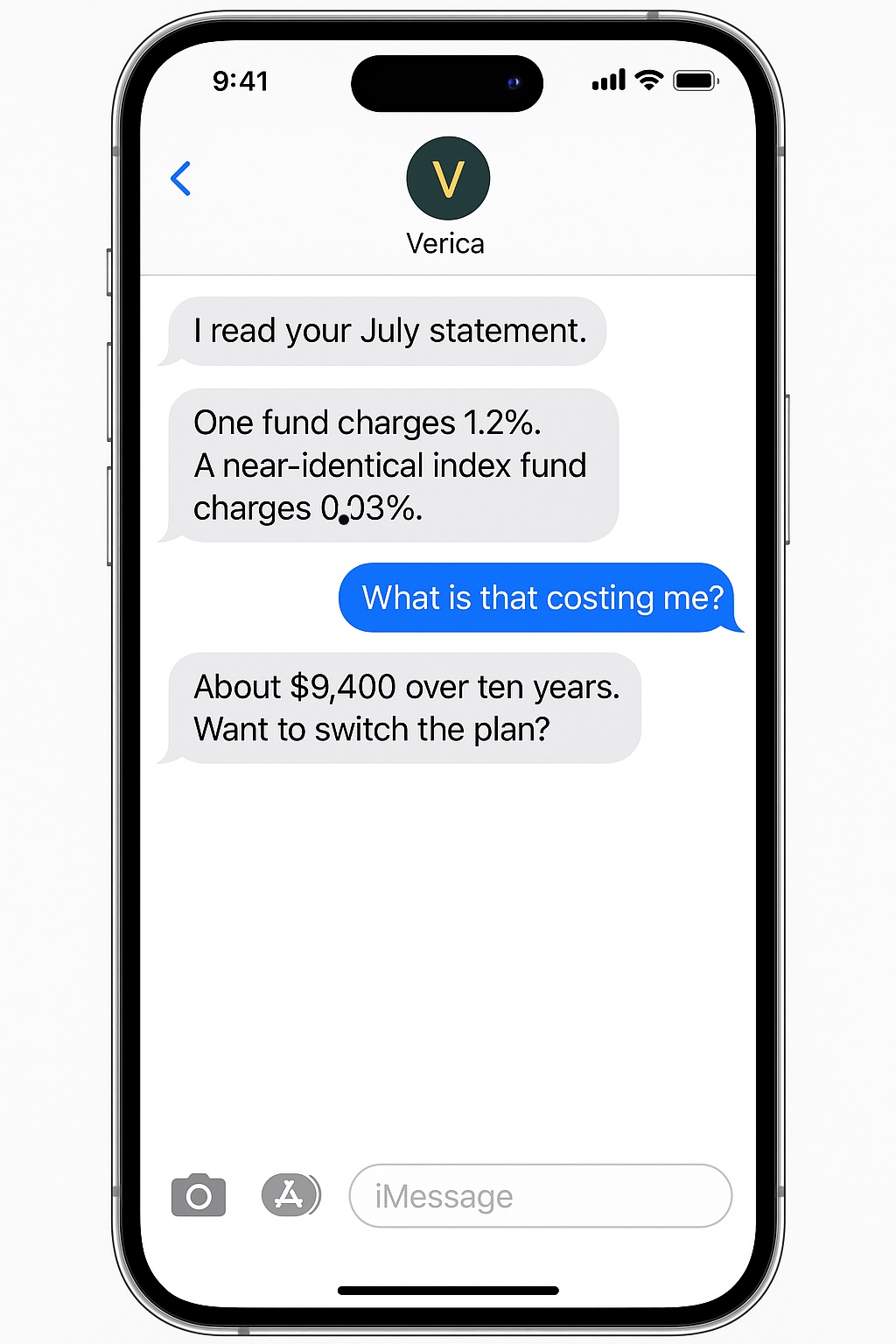An iMessage thread where Verica reports one fund charging 1.2% against a near-identical index fund at 0.03% — about $9,400 over ten years. Want to switch the plan?