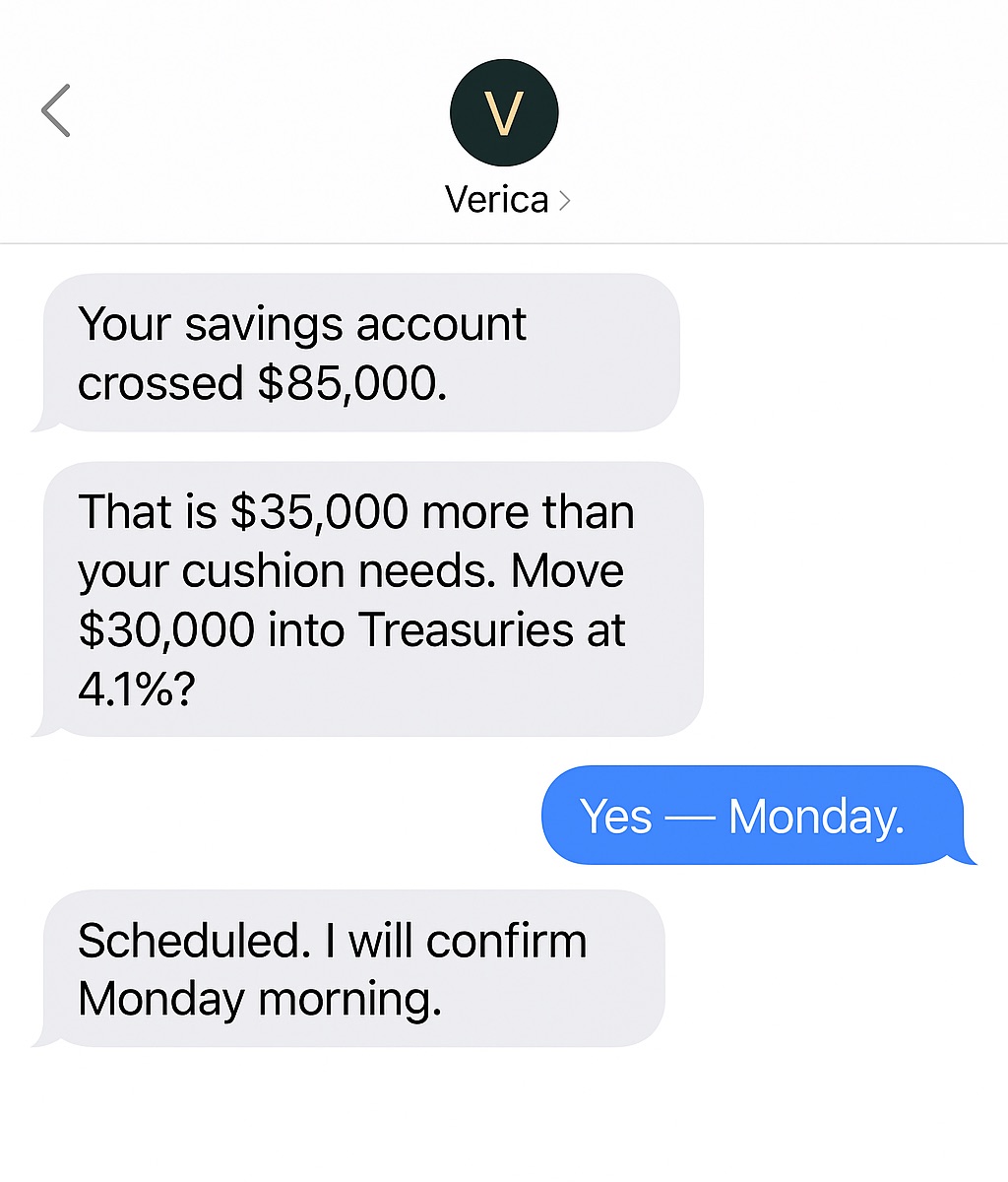 An iMessage thread where Verica notices savings crossed $85,000 and offers to move $30,000 into Treasuries at 4.1%. Reply: yes — Monday.